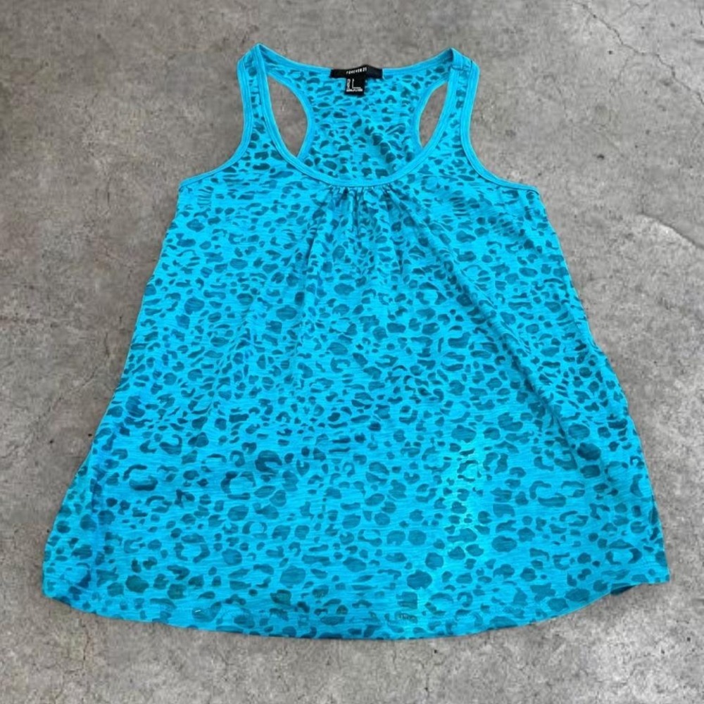 y2k forever 21 turquoise semi sheer cheetah print tank top small